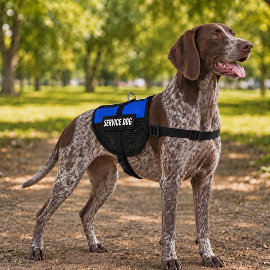 German Shorthaired Pointer wearing a blue service dog vest