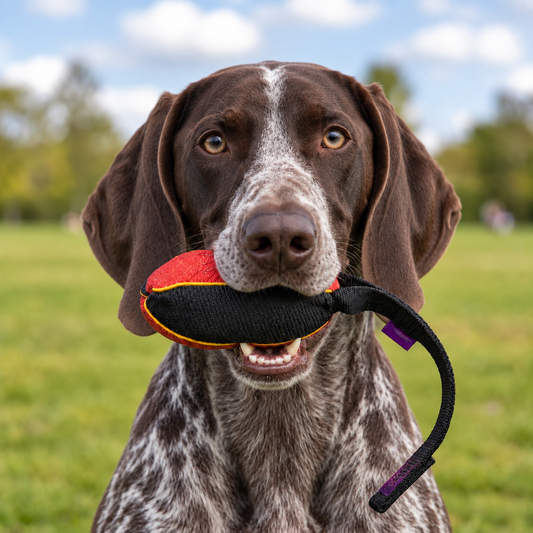 German Shorthaired Pointer with a French linen watermelon bite tug