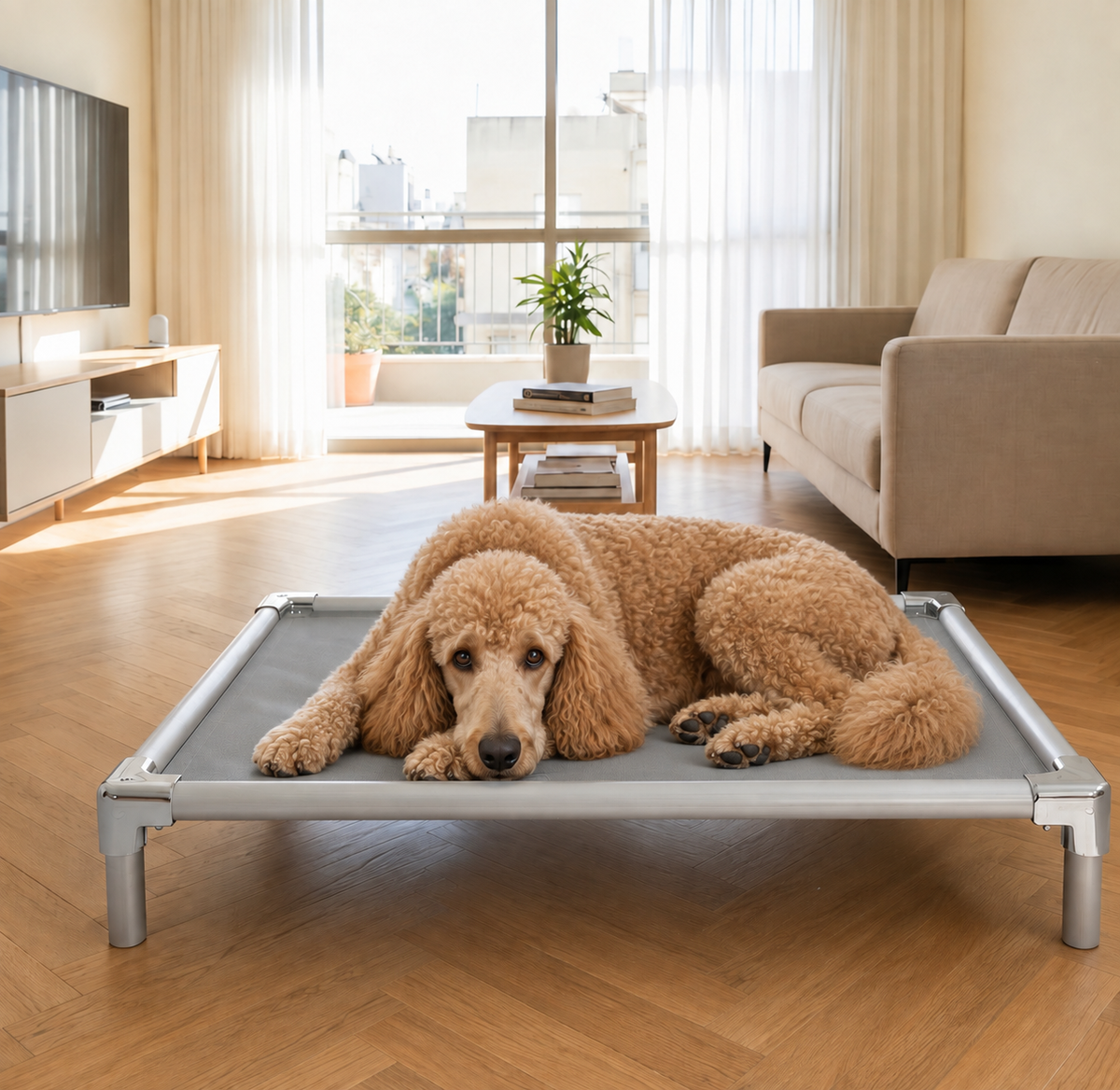 Standard Poodle resting on an orthopedic elevated aluminum dog bed at home