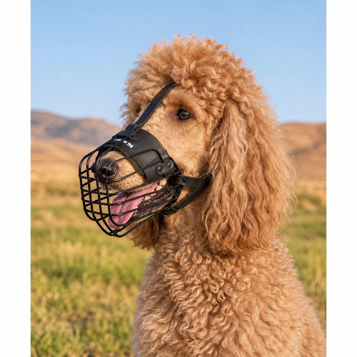 Standard Poodle wearing an advanced 3D metal wire muzzle