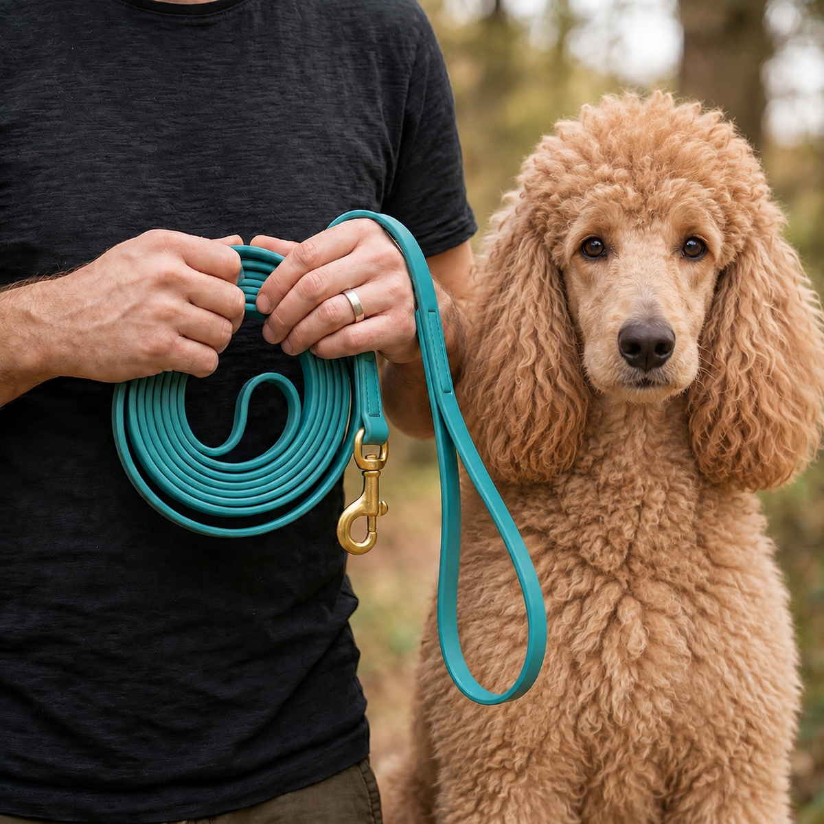 Standard Poodle on a turquoise 180 cm PowerFlex leash