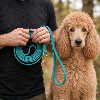 Standard Poodle on a turquoise 180 cm PowerFlex leash