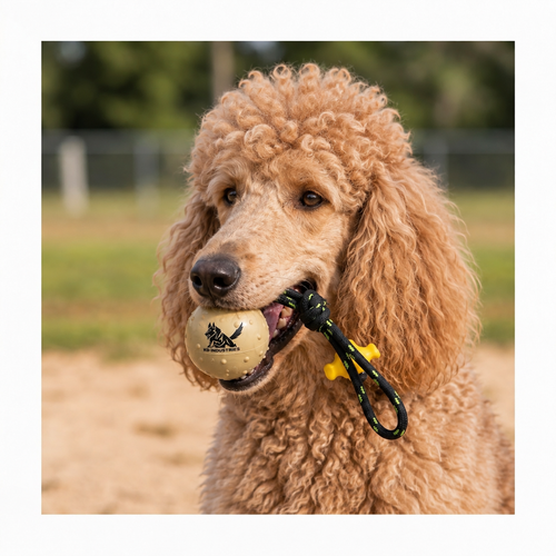 Standard Poodle with a solid rubber ball on a rope