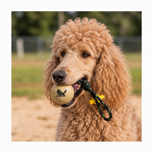 Standard Poodle with a solid rubber ball on a rope