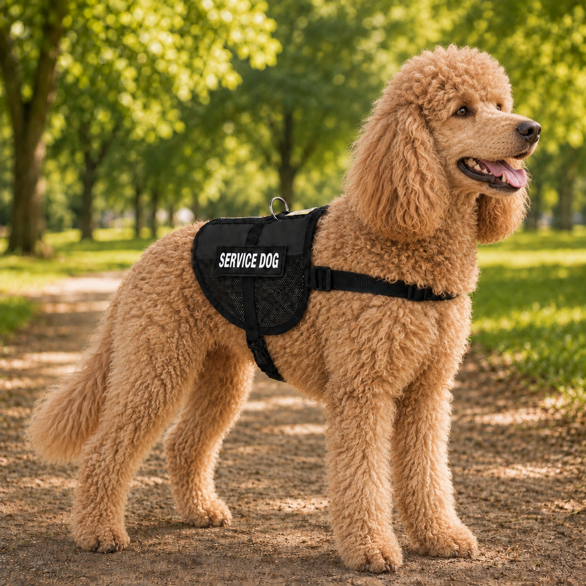 Standard Poodle wearing a black service dog vest