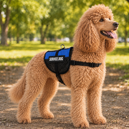 Standard Poodle wearing a blue service dog vest