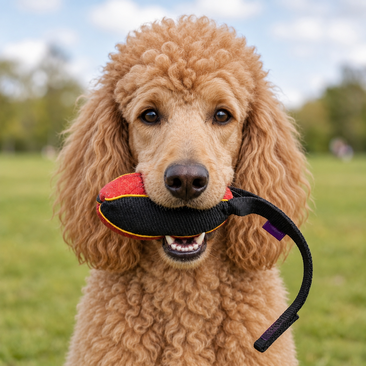 Standard Poodle with a French linen watermelon bite tug