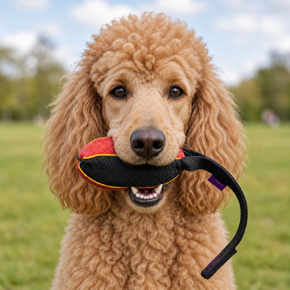 Standard Poodle with a French linen watermelon bite tug