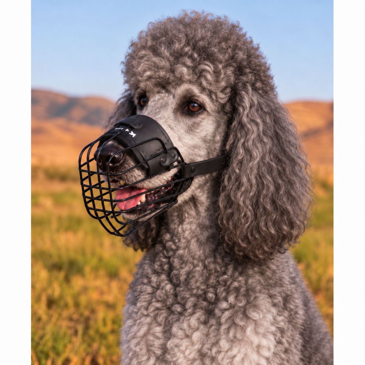 Standard Poodle wearing a lightweight Lite wire muzzle