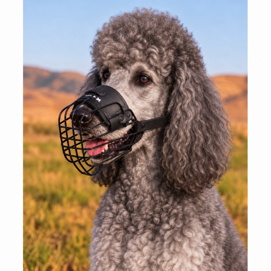 Standard Poodle wearing a lightweight Lite wire muzzle