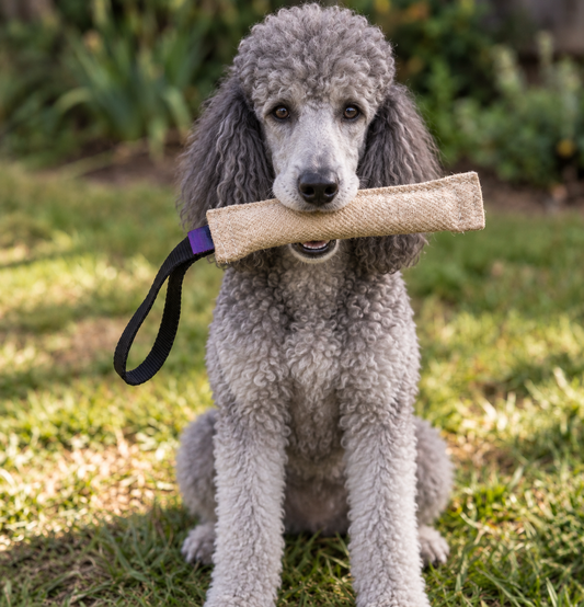 Standard Poodle puppy with a jute bite tug