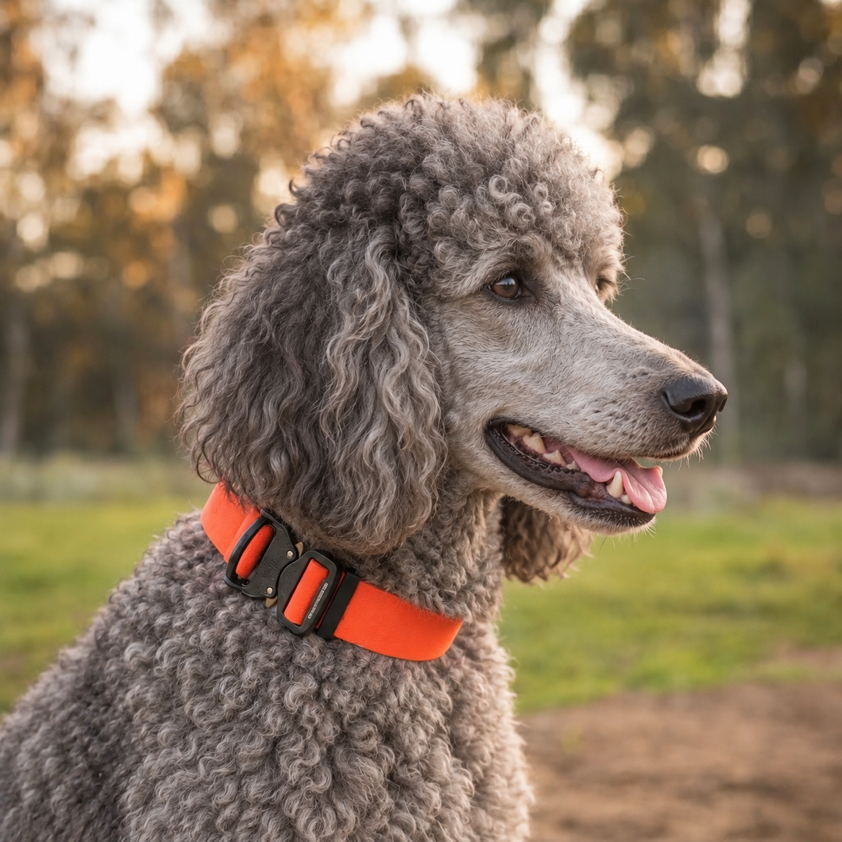 Standard Poodle wearing an orange wide PowerFlex collar with quick-release buckle