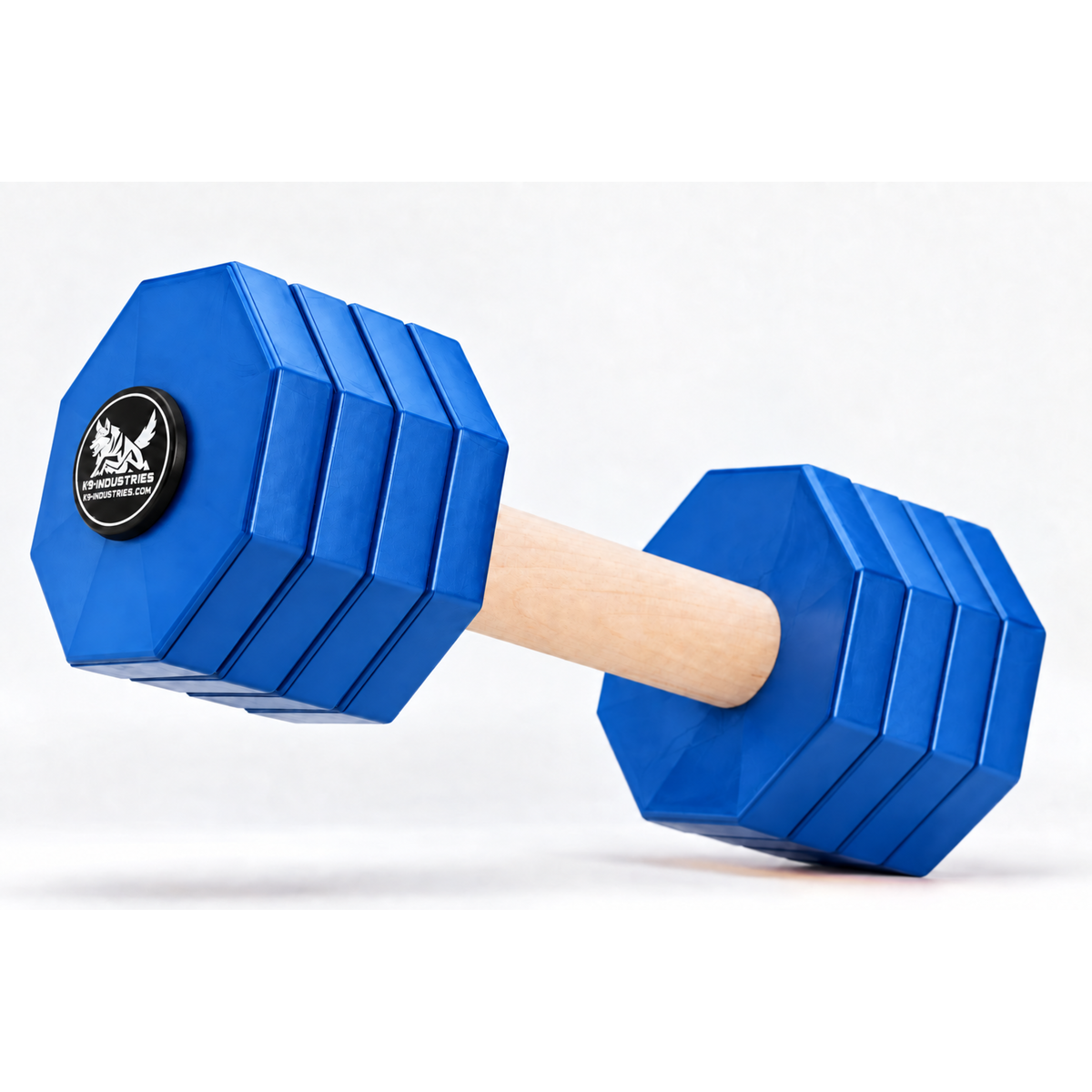 2 kg wooden IGP / Schutzhund III competition dog dumbbell with removable blue plates - K9-Industries
