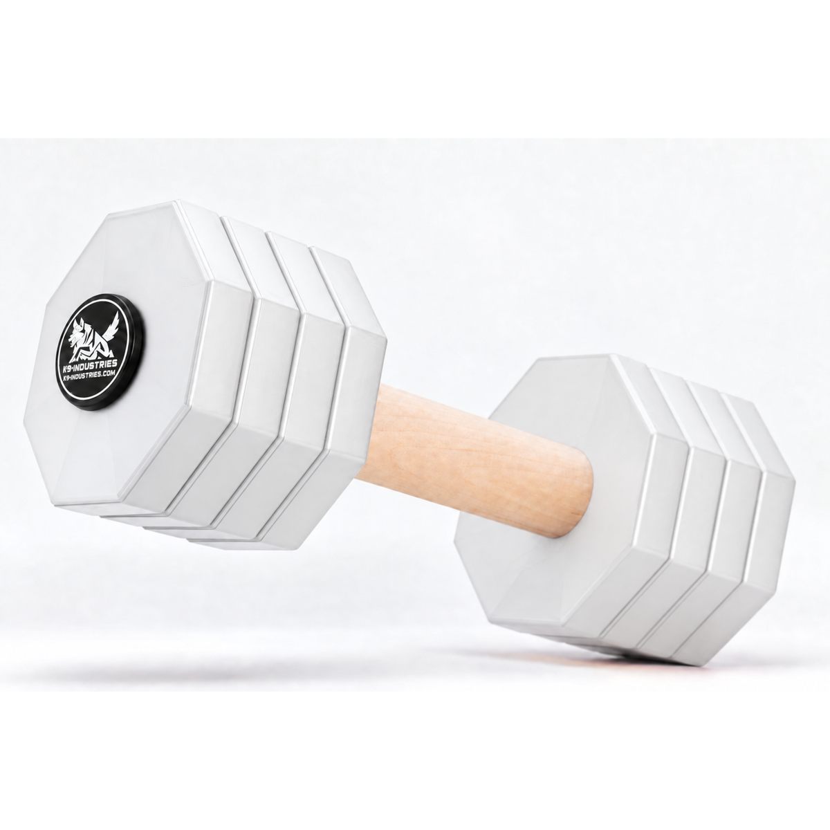 2 kg wooden IGP / Schutzhund III competition dog dumbbell with removable white plates - K9-Industries