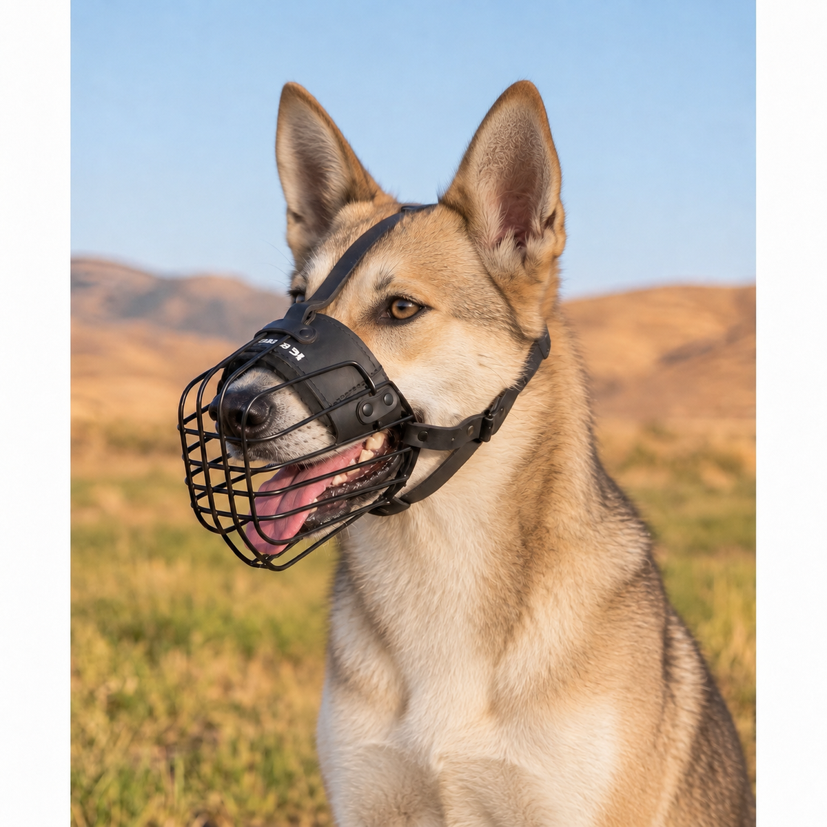 Canaan Dog wearing an advanced 3D metal wire muzzle