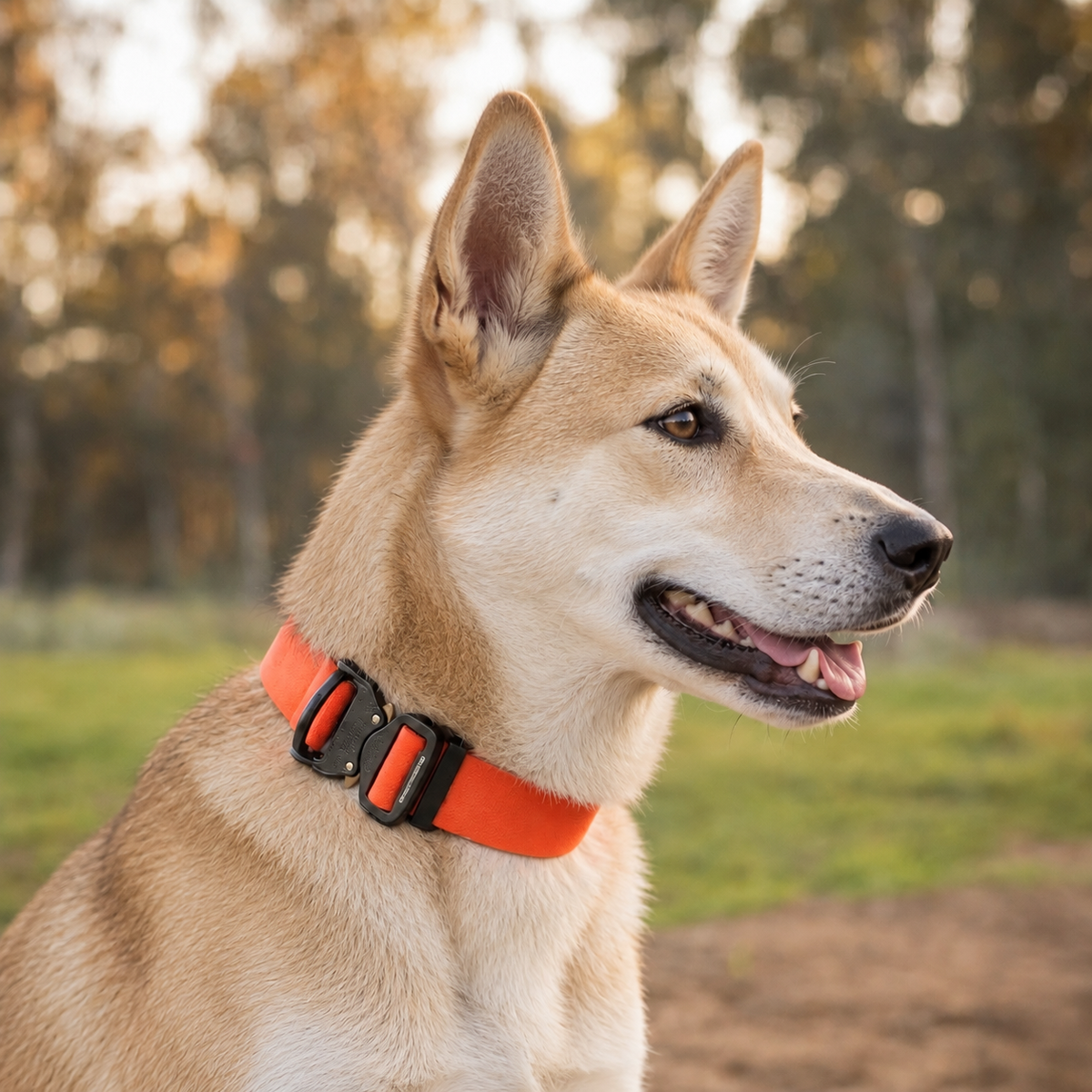 Canaan Dog wearing an orange wide PowerFlex collar with quick-release buckle