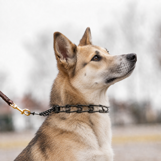 Canaan Dog wearing a blackened stainless steel Herm Sprenger prong collar