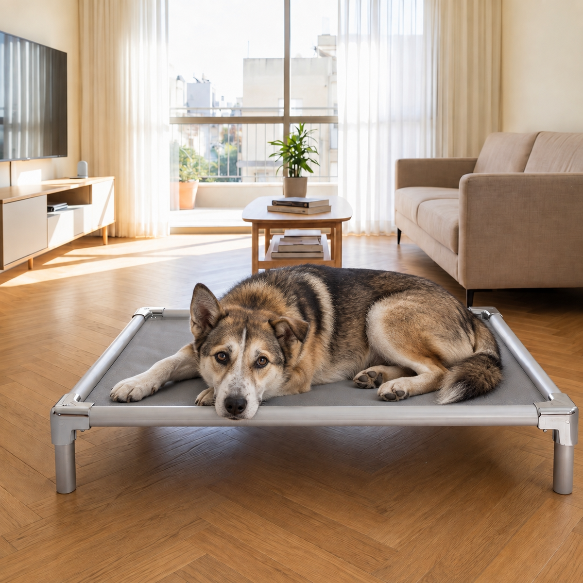 Canaan Dog resting on an orthopedic elevated aluminum dog bed at home