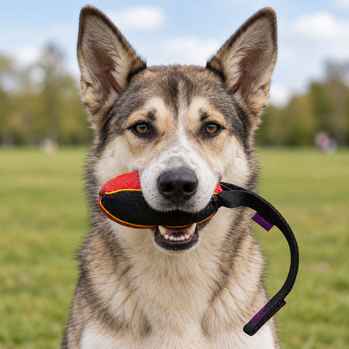 Canaan Dog with a French linen watermelon bite tug