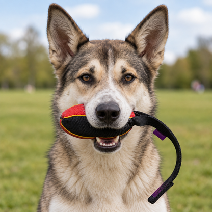 Canaan Dog with a French linen watermelon bite tug