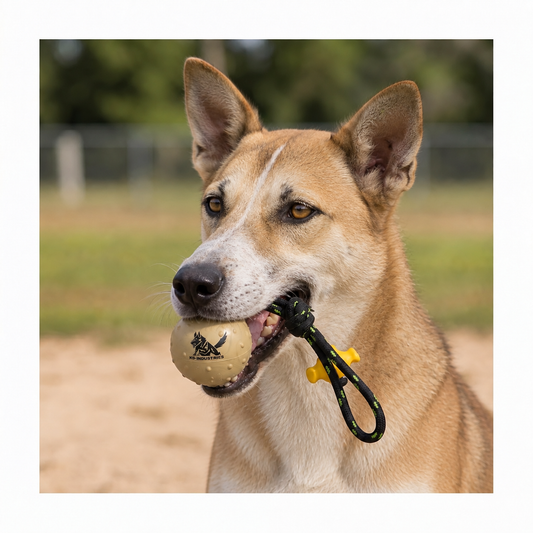 Canaan Dog with a solid rubber ball on a rope