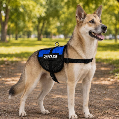 Canaan Dog wearing a blue service dog vest