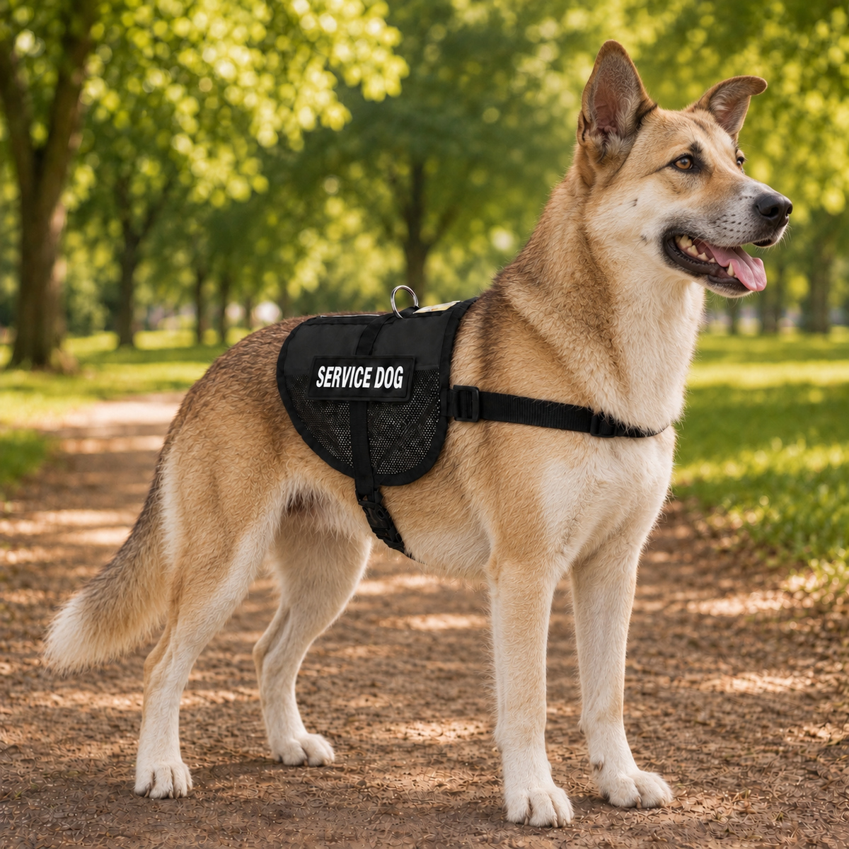 Canaan Dog wearing a black service dog vest
