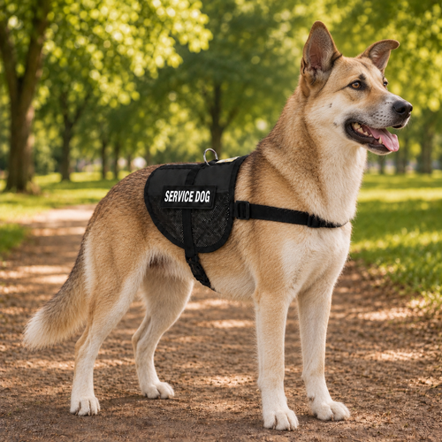 Canaan Dog wearing a black service dog vest