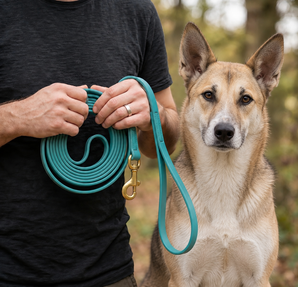 Canaan Dog on a turquoise 180 cm PowerFlex leash