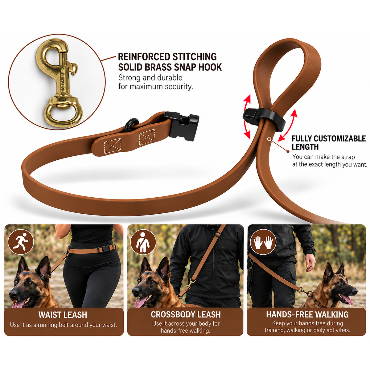 PowerFlex hands-free dog leash infographic: solid brass snap hook, reinforced stitching, sliding metal buckle for fully customizable length, waist leash, crossbody leash and hands-free walking