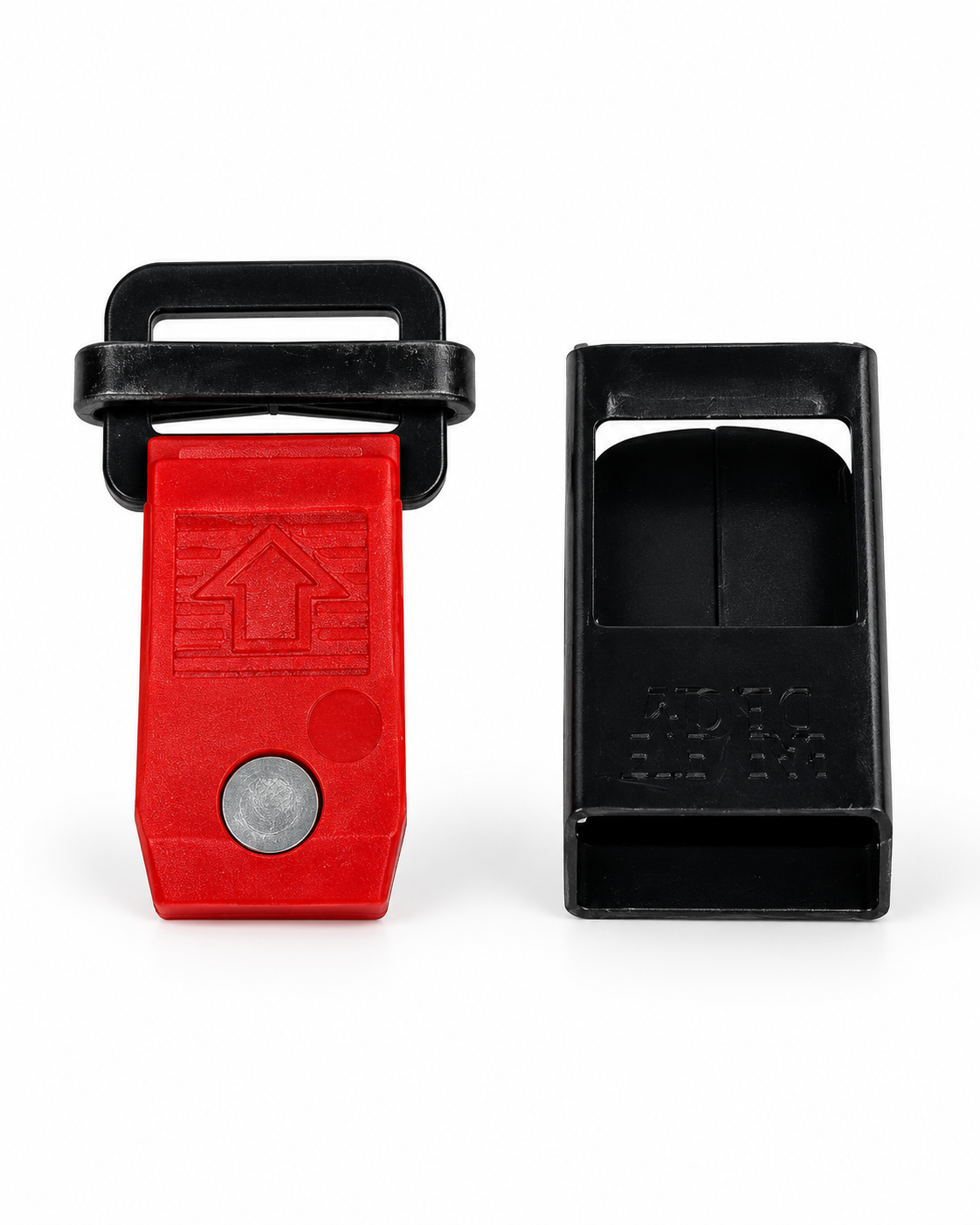 Bite suit quick-release buckle disassembled, front view with red release button and sliding bar