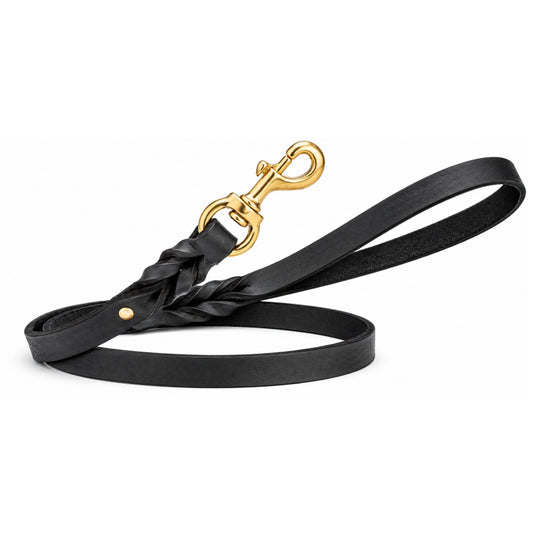 Handcrafted black leather dog leash with brass snap hook