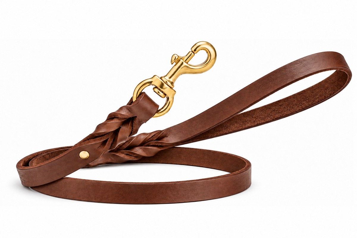 Handcrafted brown leather dog leash with braided accent and solid brass snap hook