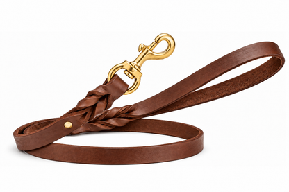 Handcrafted brown leather dog leash with braided accent and solid brass snap hook
