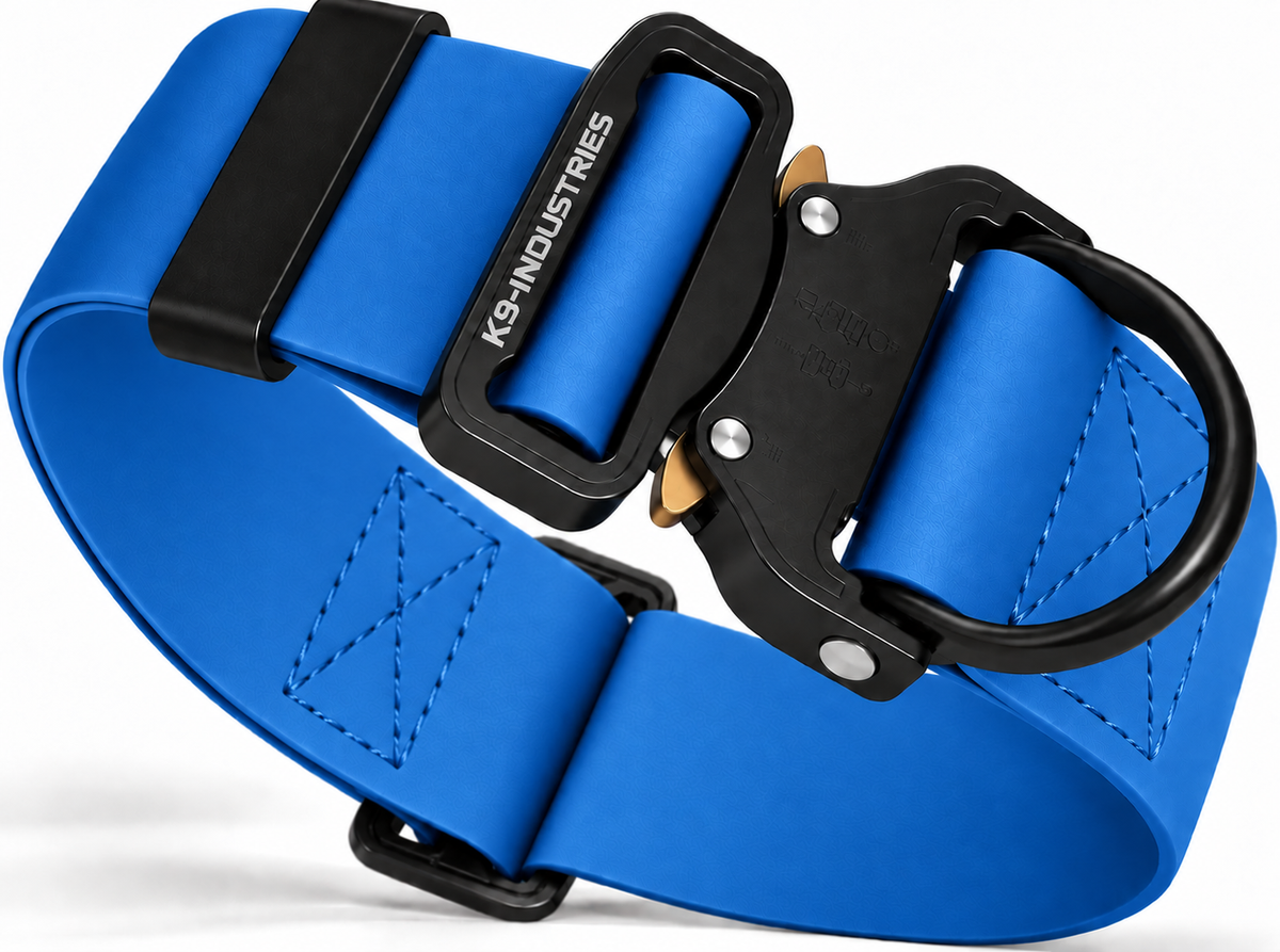 K9-Industries 2 in (50 mm) waterproof working dog collar in blue with quick-release buckle