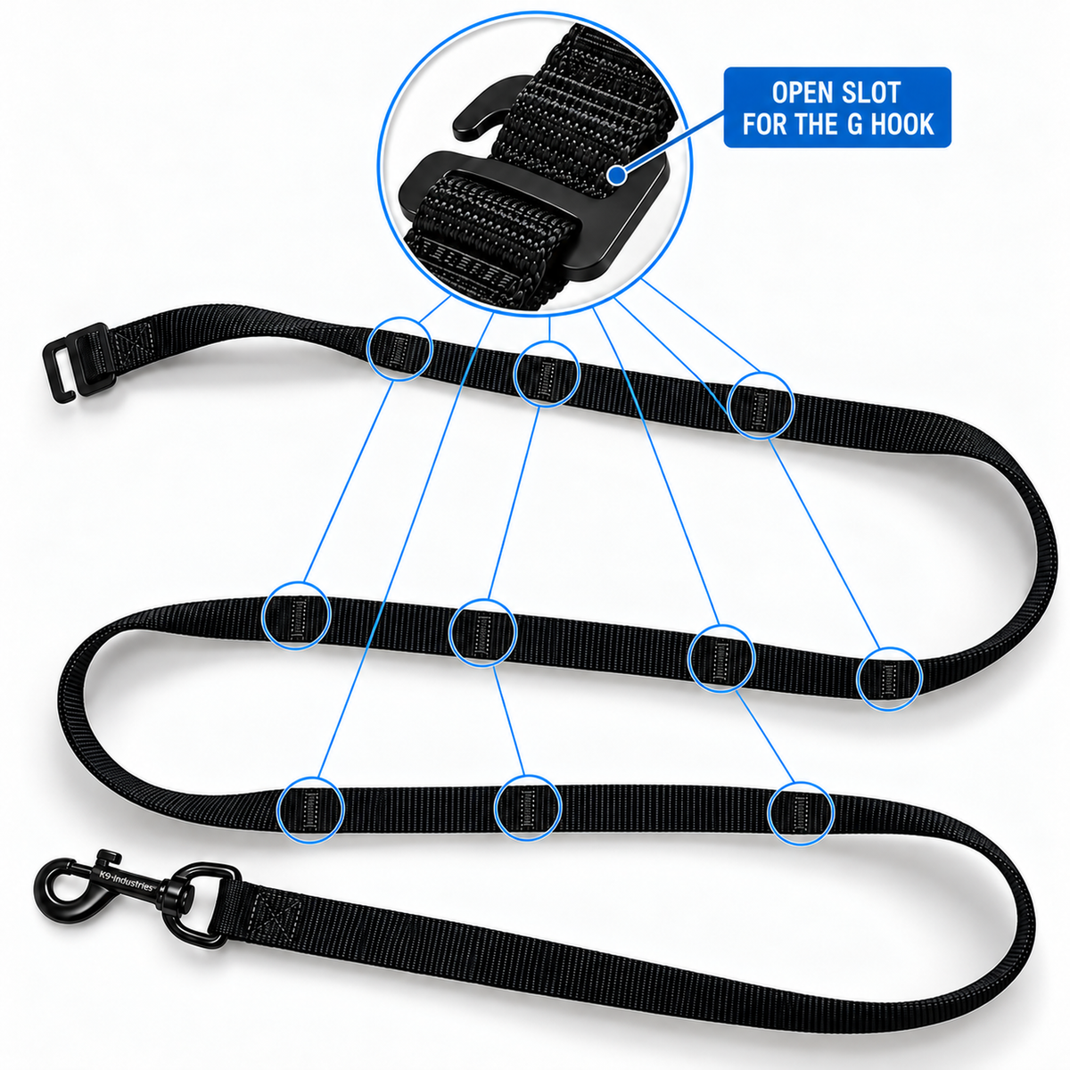 Black K9-Industries adjustable dog leash showing the 13 G hook locking slots along the leash