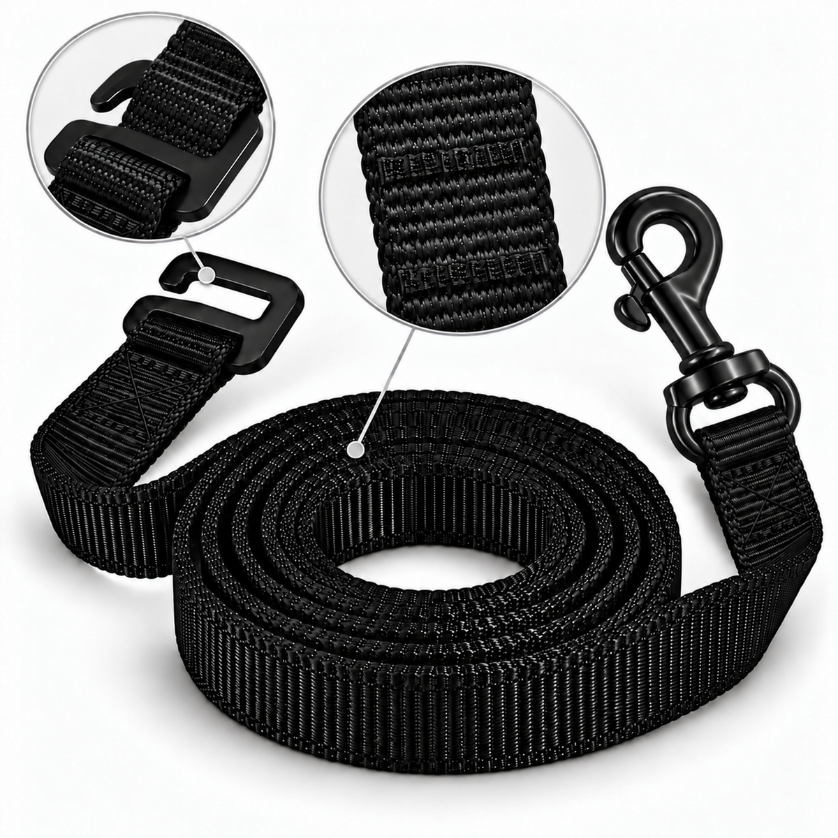 Close-up of the black stainless steel carabiner on a black 20 mm nylon dog leash - K9-Industries 13-length leash