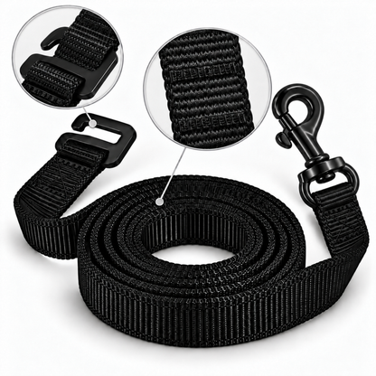 Close-up of the black stainless steel carabiner on a black 20 mm nylon dog leash - K9-Industries 13-length leash
