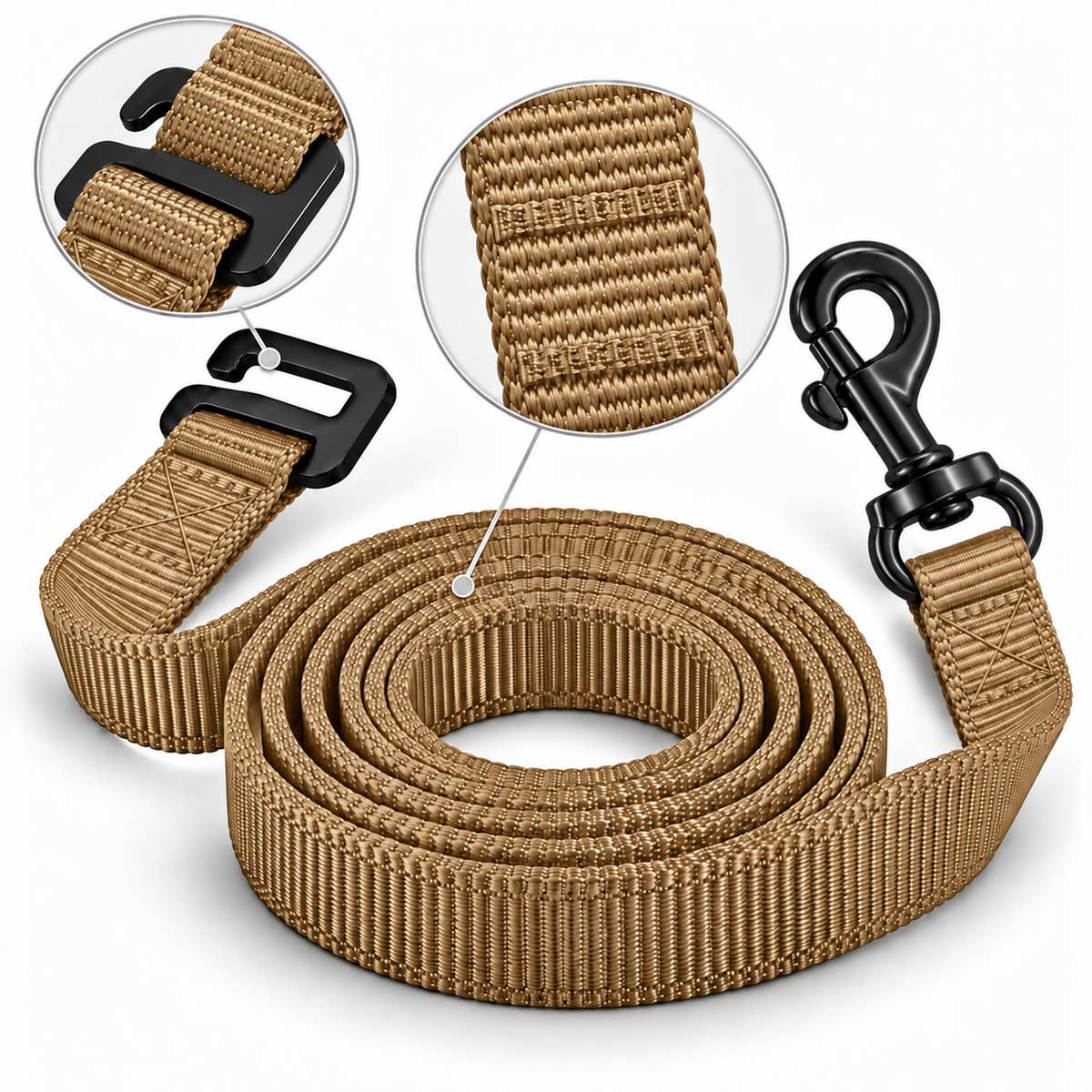 K9-Industries multi-length dog leash in desert khaki, 100% double-layer nylon with black stainless steel carabiner and G hook