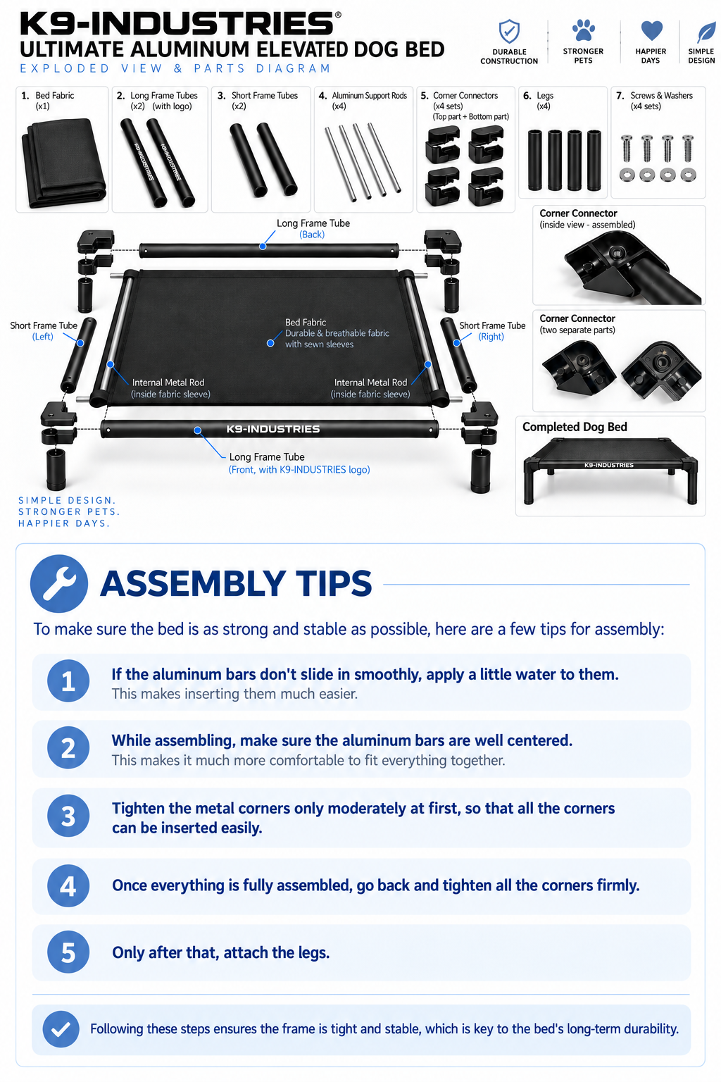 Black aluminum elevated dog bed assembly guide - step-by-step instructions - K9-Industries