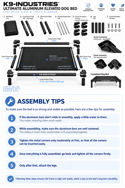 Black aluminum elevated dog bed assembly guide - step-by-step instructions - K9-Industries