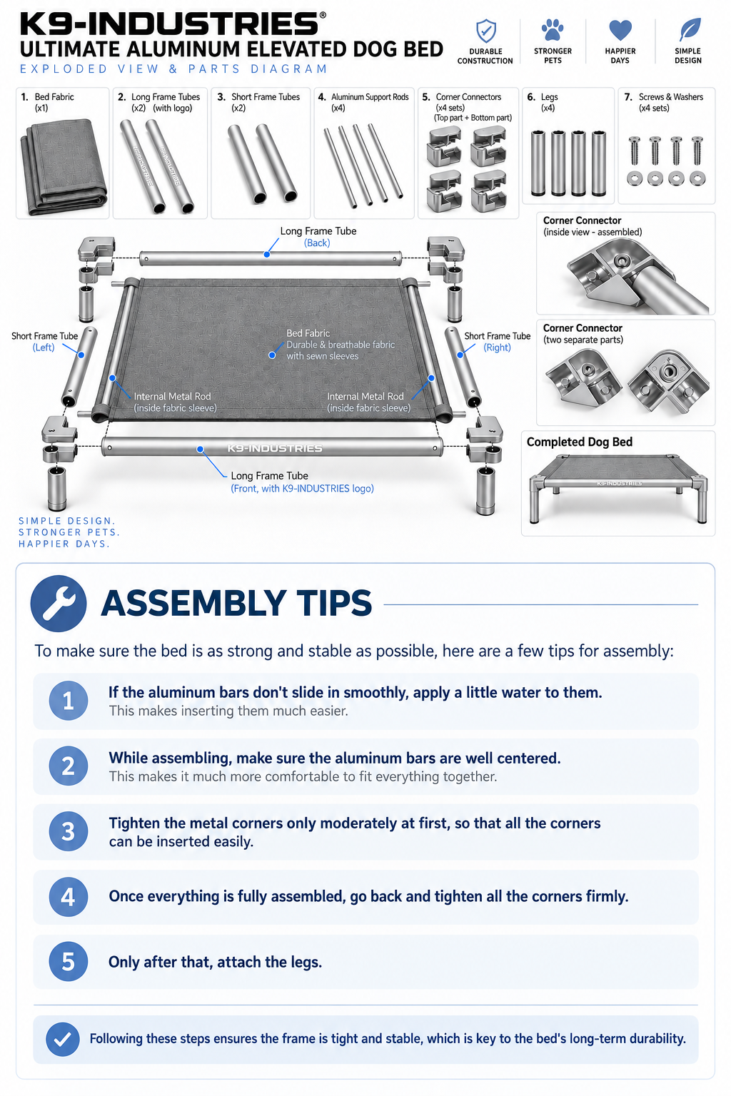 Silver aluminum elevated dog bed assembly guide - step-by-step instructions - K9-Industries