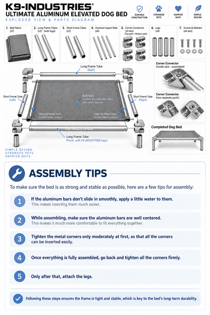 Silver aluminum elevated dog bed assembly guide - step-by-step instructions - K9-Industries