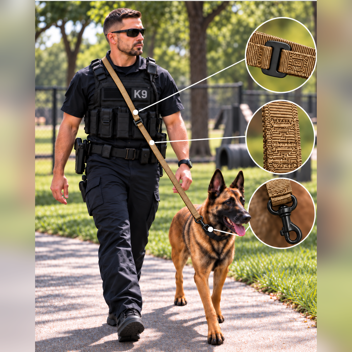 Desert khaki K9 training leash with black hardware for police and working dogs - hands-free waist leash by K9-Industries