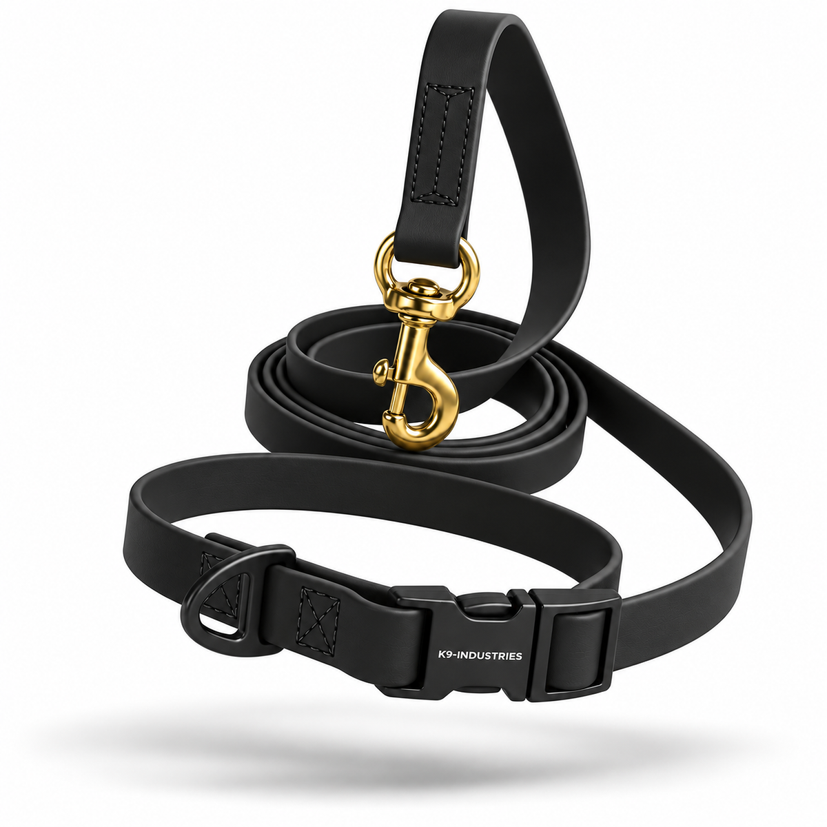 K9 PowerFlex adjustable multipurpose dog leash in black with solid brass snap hook and sliding metal buckle, 225 cm waterproof leash - K9-Industries
