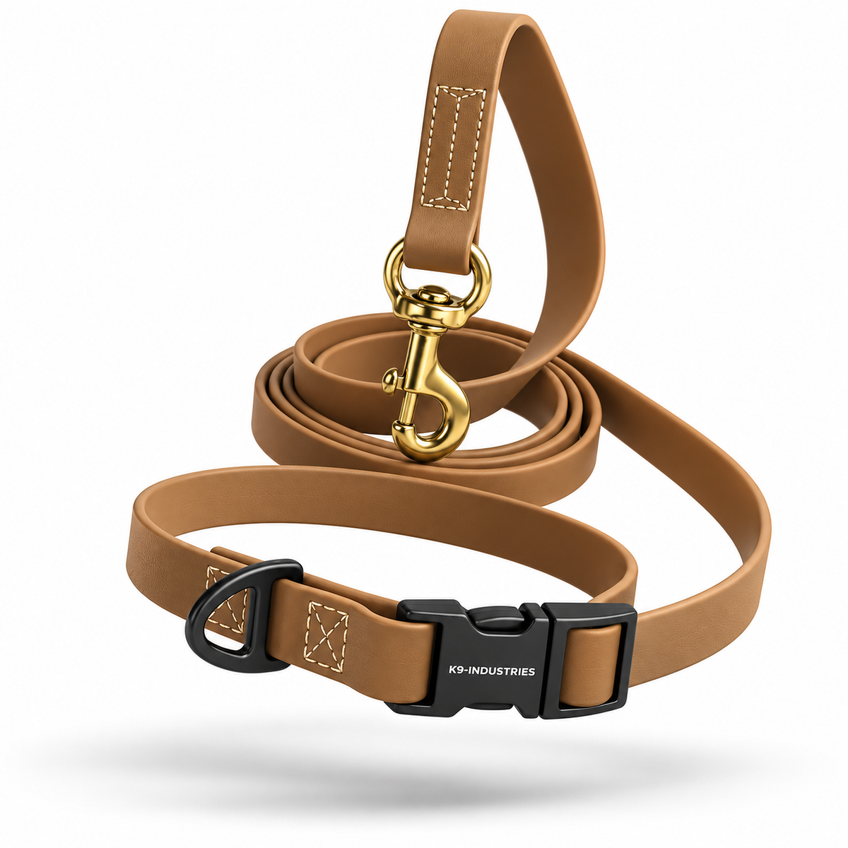 K9 PowerFlex adjustable multipurpose dog leash in coyote brown with solid brass snap hook, sliding metal buckle, quick-release buckle and D-ring - K9-Industries
