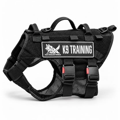 Side view of the K9-Industries black mesh tactical dog harness for working dogs and service dogs, with top handles and hook-and-loop patch panel