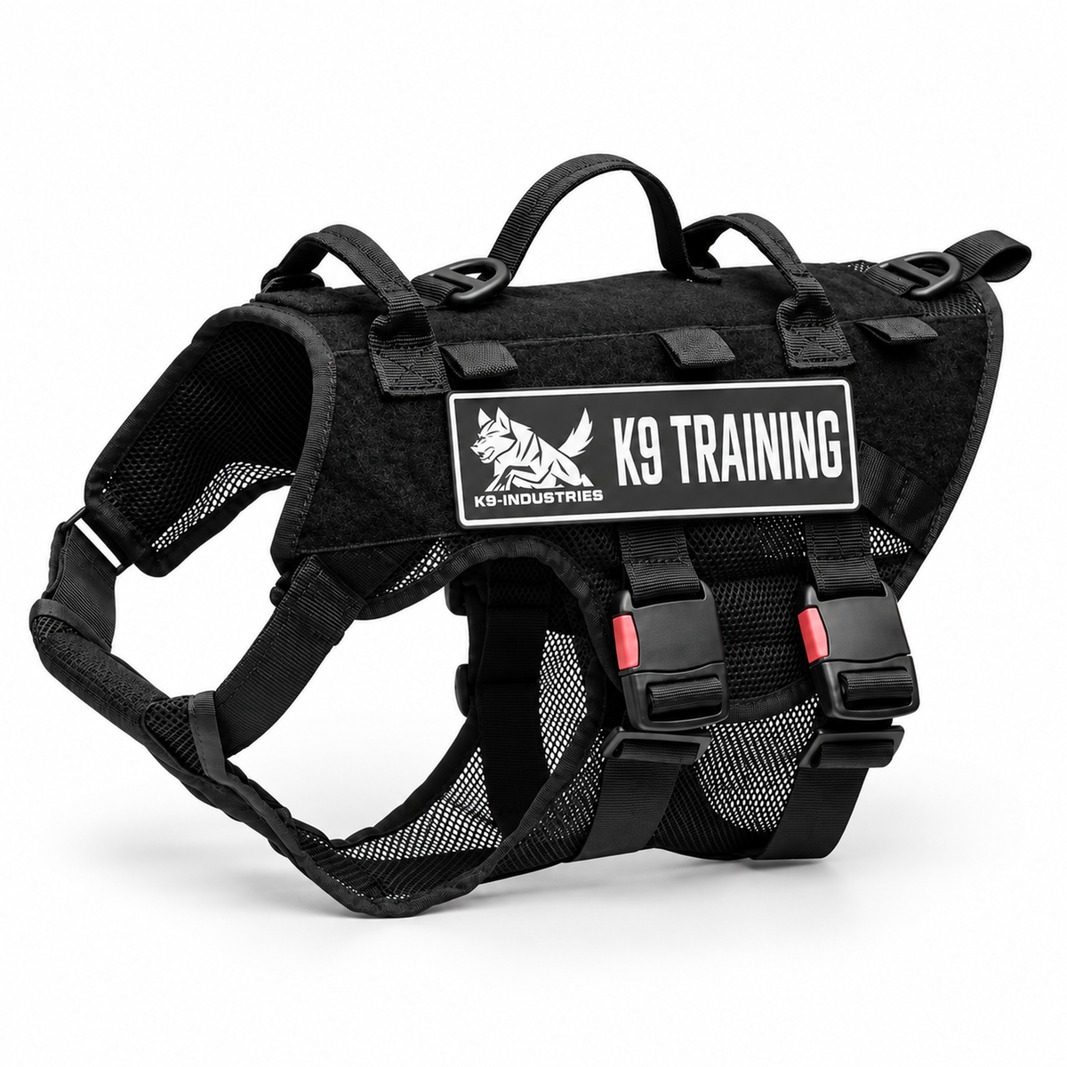 K9-Industries black tactical dog harness, three-quarter view - breathable mesh with 3 top handles, 2 leash rings and back patch panel