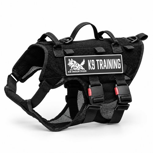 K9-Industries black tactical dog harness, three-quarter view - breathable mesh with 3 top handles, 2 leash rings and back patch panel