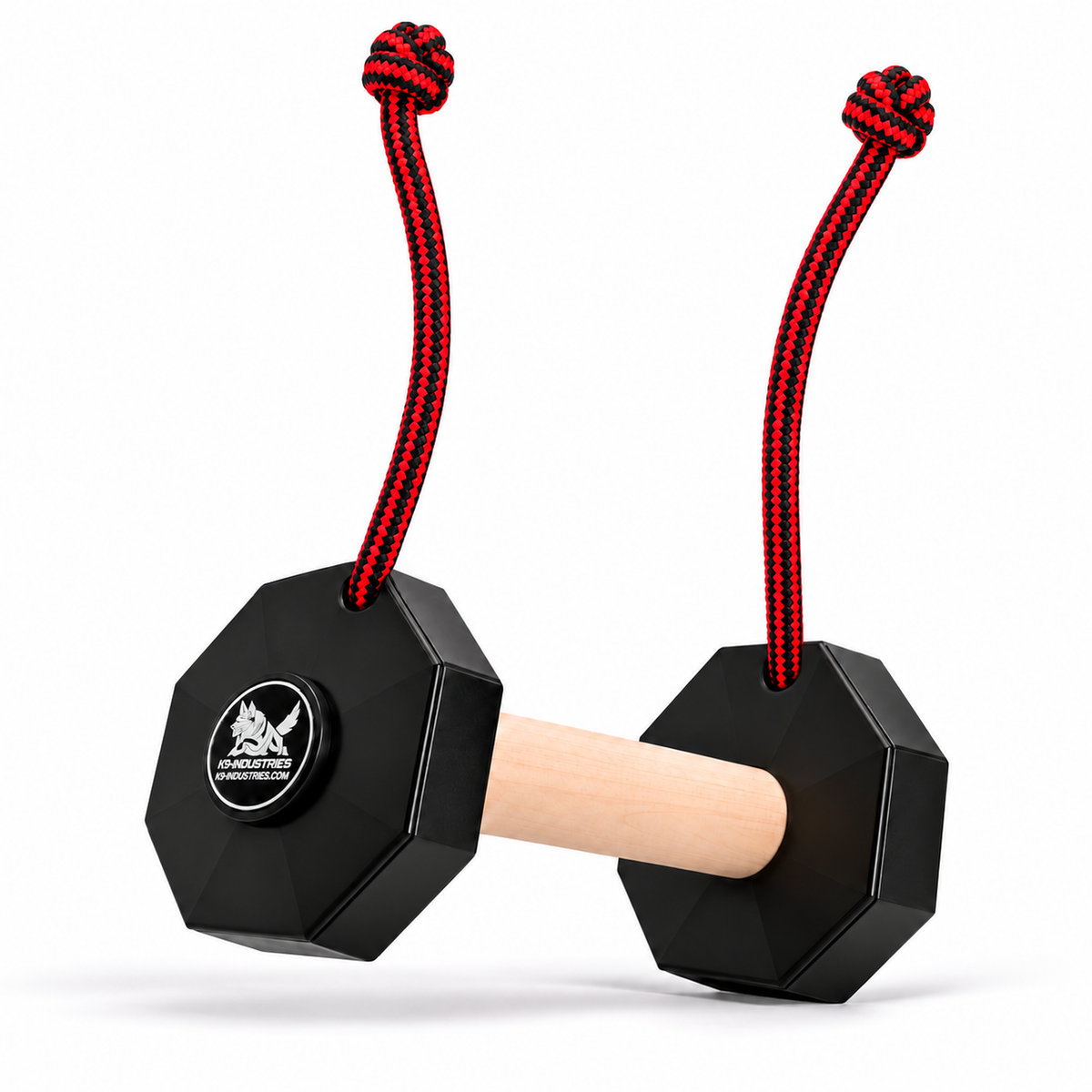 K9-Industries 650 g IGP dog training dumbbell with black plates and two 25 cm red and black rope grip handles
